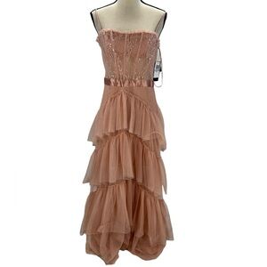 City Studio Sleeveless Lace Corset Top Tier Mesh Gown - Blush Pink - size 11